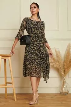 Шифоновое платье миди с цветочным принтом и оборкой Jolie Moi, черный