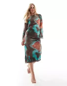 Шифоновое платье миди с длинными рукавами ASOS DESIGN шоколадно-зеленого цвета с размытым принтом