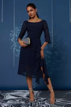 Шифоновое платье миди с отделкой Diamante Jolie Moi, синий