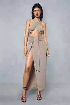 Шифоновое платье миди с запахом и драпировкой, воротником халтер MISSPAP, хаки