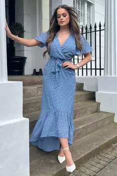 Шифоновое платье миди Samantha с эффектом металлик короткими рукавами и рюшами Girl In Mind, синий