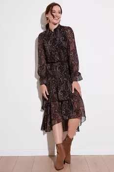 Шифоновое платье миди стандартного кроя с воротником и воланами 611EL1448 Lela