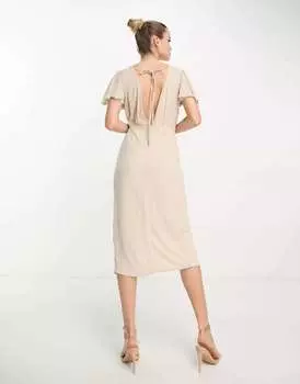 Шифоновое платье миди TFNC Bridesmaid с запахом спереди и развевающимися рукавами цвета кофе латте