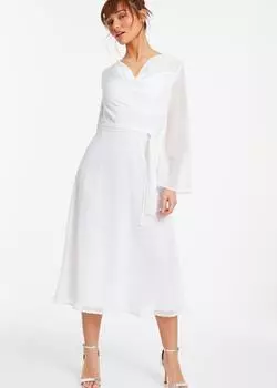 Шифоновое платье миди в горошек с воротником-хомутом Quiz, белый