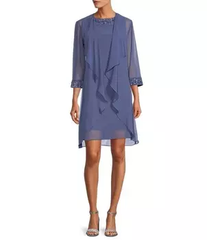 Шифоновое платье-пиджак Ignite Evenings с круглым вырезом и рукавами 3/4, расшитое бисером, синий