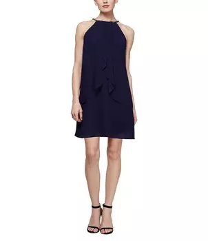 Шифоновое платье прямого кроя без рукавов Ignite Evenings Petite Size с украшением и вырезом через шею, синий