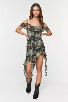 Шифоновое платье с цветочным принтом и открытыми плечами Forever 21, черный