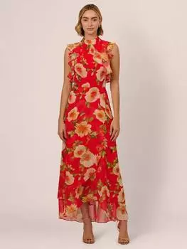 Шифоновое платье с цветочными оборками Adrianna Papell, цвет Coral/Multi
