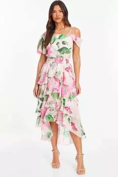 Шифоновое платье с открытыми плечами и удлиненной спинкой Quiz, бежевый