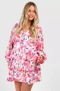 Шифоновое платье с плиссированной юбкой плюс с принтом boohoo, розовый