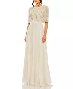 Шифоновое платье с полностью расшитым бисером верхом Mac Duggal, коричневый/бежевый