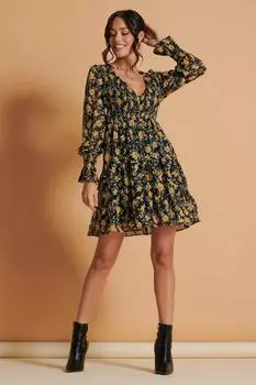 Шифоновое платье с V-образным вырезом и присборенными деталями Jolie Moi, черный