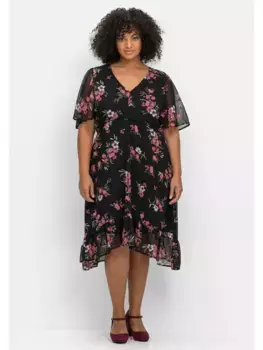Шифоновое платье sheego by Joe Browns "Большие размеры" с цветочным принтом и рукавами-крылышками, черный