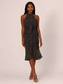 Шифоновое платье в гофрированный горошек Adrianna Papell, цвет Black/Ivory