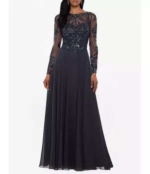 Шифоновое платье Xscape Illusion с круглым вырезом и длинными рукавами, цветочным принтом и бисером, серый