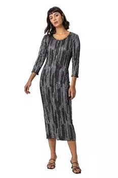 Шифоновое плиссированное платье миди с принтом в полоску из фольги Roman, серый