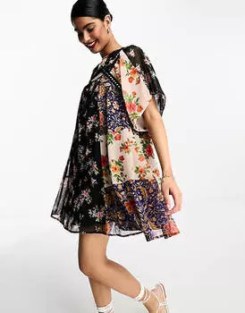Шифоновое свободное платье мини с зеркальной окантовкой ASOS DESIGN с цветочным принтом в стиле пэчворк