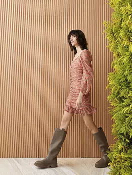 Шифоновое женское платье с цветочным принтом и V-образным вырезом с длинным рукавом LCW Casual