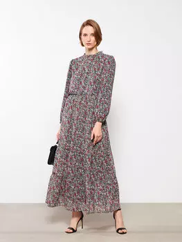 Шифоновое женское платье с длинными рукавами и высоким воротником с рюшами и рисунком LCWAIKIKI Classic, зеленый принт