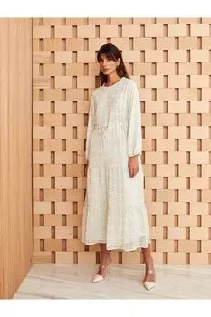 Шифоновое женское платье с круглым вырезом и длинными рукавами LC Waikiki, экрю