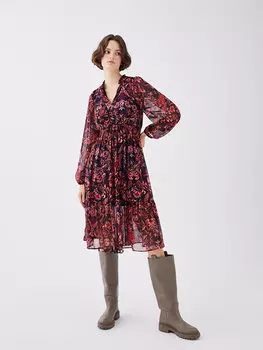 Шифоновое женское платье с V-образным вырезом и длинными рукавами LCW Casual, красный печатный