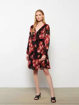 Шифоновое женское платье с V-образным вырезом и длинными рукавами LCWAIKIKI Classic