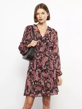 Шифоновое женское платье с V-образным вырезом и длинными рукавами LCW Casual