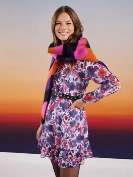 Шифоновое женское платье с высоким воротником и рисунком с длинными рукавами LCW Casual