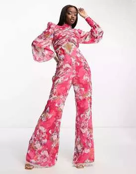 Шифоновый комбинезон ASOS LUXE со сборками, рукавами-блузонами и кружевной деталью с цветочным принтом