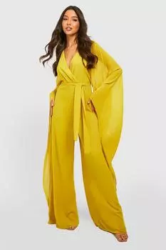Шифоновый комбинезон с накидкой и рукавами Boohoo, шартрез