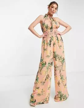 Шифоновый комбинезон с присборенной талией и цветочным принтом ASOS DESIGN