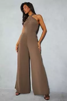 Шифоновый комбинезон с широкими штанинами и вырезом халтер с узлом MISSPAP, бежевый