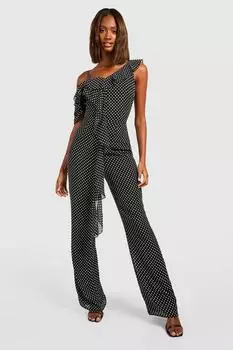 Шифоновый комбинезон в гороток с рюшами Boohoo, черный