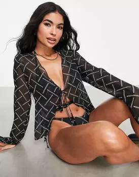 Шифоновый пляжный топ с оборками и галстуком ASOS DESIGN Weekend Collective