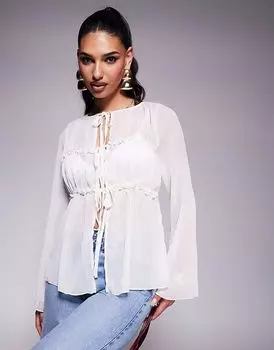 Шифоновый топ ASOS DESIGN цвета экрю с присборенной отделкой и завязкой