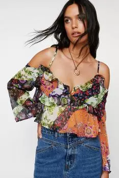 Шифоновый топ с рюшами в полоску и шарф с принтом Nasty Gal, мультиколор