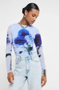 Шифоновый топ со сборками с цветочным принтом River Island, синий