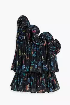 Шифоновый топ со складками на одно плечо и цветочным принтом AMUR, черный