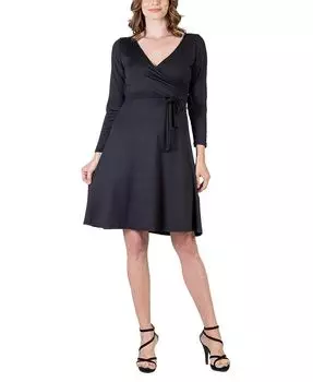 Шикарное женское платье с поясом и v-образным вырезом, длинными рукавами 24seven Comfort Apparel, черный