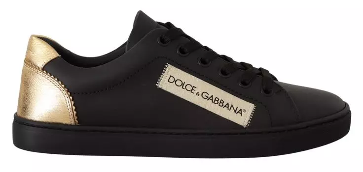 Шикарные низкие кожаные кроссовки черного и золотого цвета Dolce & Gabbana