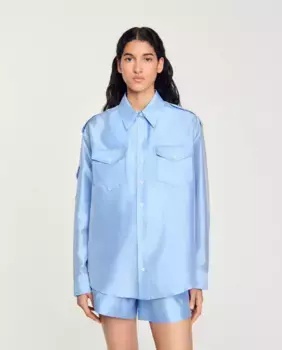 Широкая атласная женская рубашка Sandro, светло-голубой