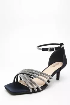 Широкая посадка темно-синие атласные туфли со стразами и перекрестными ремешками на низком каблуке QUIZ Clothing