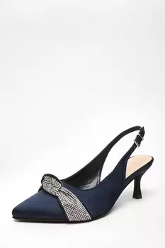 Широкая посадка темно-синие туфли со стразами и узлом на ремешке на низком каблуке QUIZ Clothing