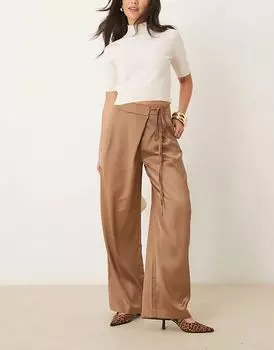Широкие атласные брюки ASOS DESIGN цвета поджаренного песка с отделкой шнуровкой