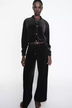 Широкие бархатные брюки ZARA, черный