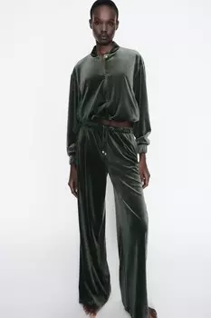 Широкие бархатные брюки ZARA, хаки