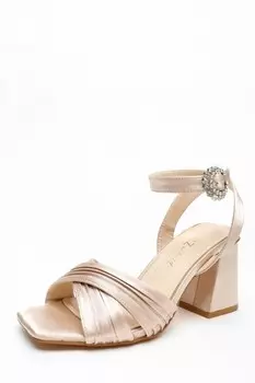 Широкие босоножки на блочном каблуке с атласной отделкой цвета шампанского QUIZ Clothing