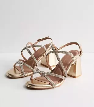 Широкие босоножки на блочном каблуке с золотистыми стразами и ремешками New Look, золотой