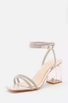 Широкие босоножки на каблуке с прозрачными стразами и серебристым узором QUIZ Clothing