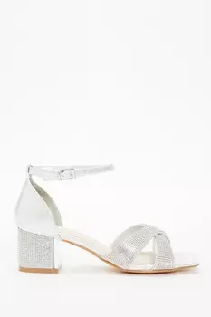 Широкие босоножки на каблуке с серебристым мерцающим стразом QUIZ Clothing